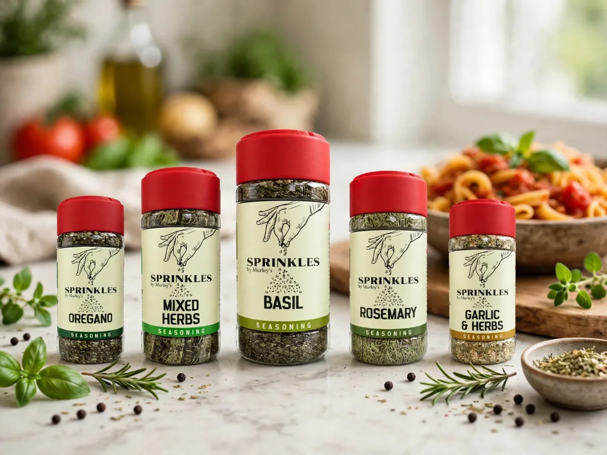 Sprinkles seasoning shakers with fresh herbs on a marble counter