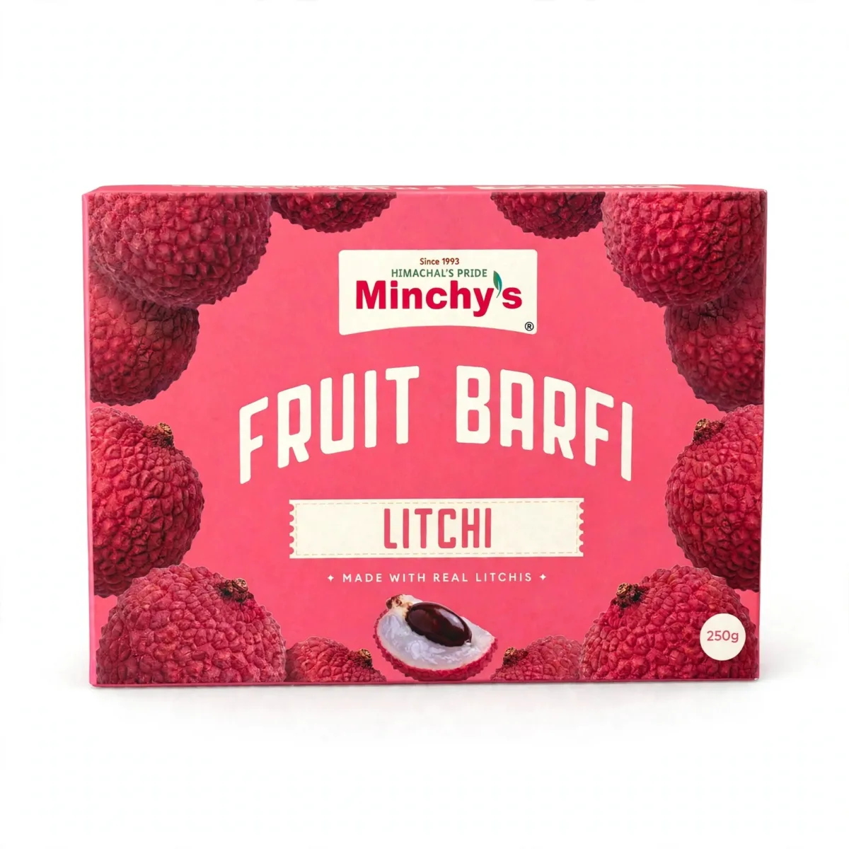 Minchy's Litchi Fruit Barfi 250 g box, front view