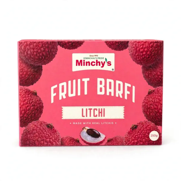 Minchy's Litchi Fruit Barfi 250 g box, front view