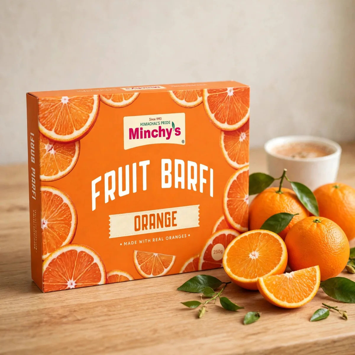Minchy's Orange Fruit Barfi 250 g box with fresh orange fruit on a wooden board