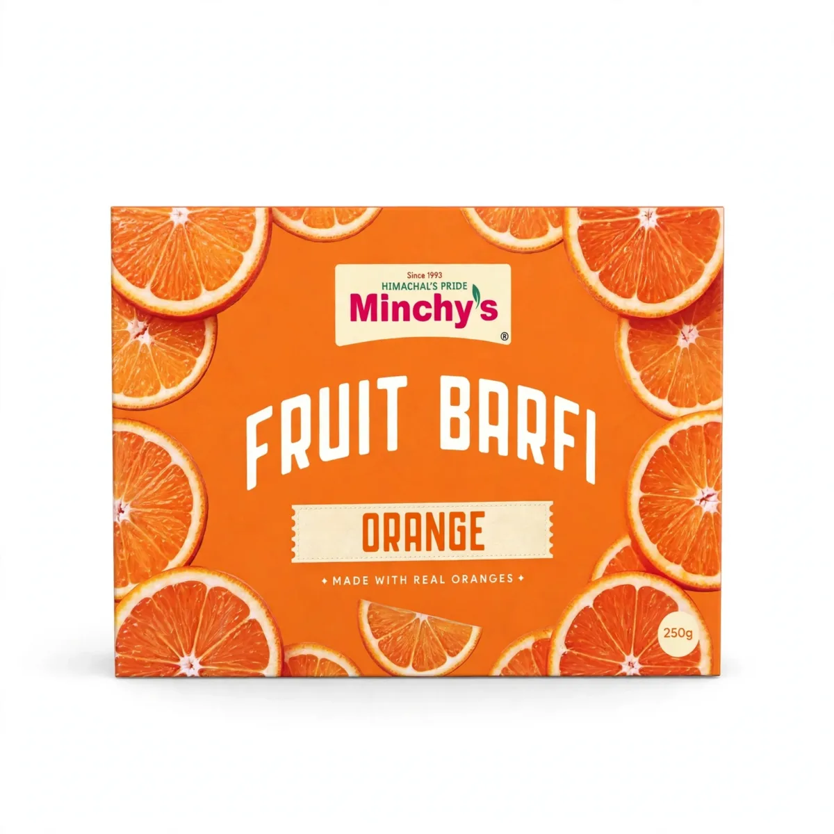 Minchy's Orange Fruit Barfi 250 g box, front view